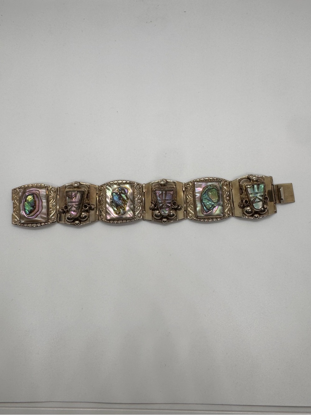 Vintage Taxco Mexico 925 Sterling Silver Abalone Aztec Mask Panel Bracelet - Picture 7 of 16